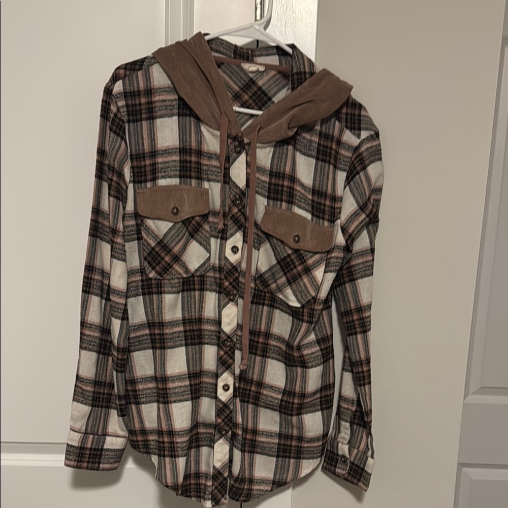 Hem & Thread Plaid Hoodie Sweatshirt - Pink and Cream